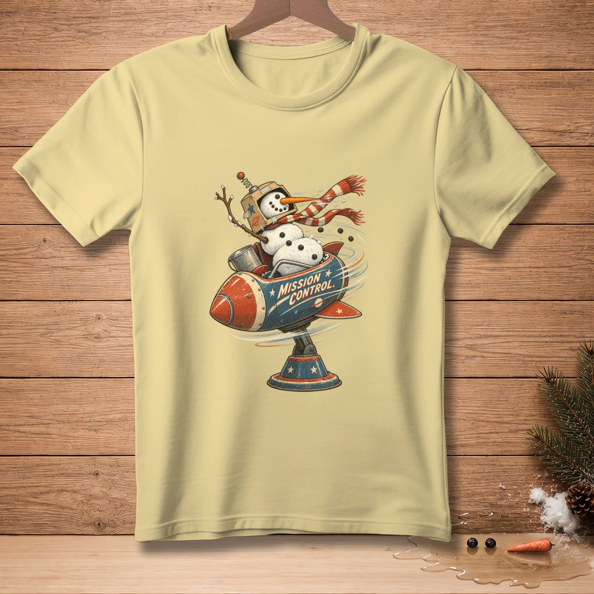 Snowman in a rocket with "MISSION CONTROL" text on a light yellow t-shirt.
