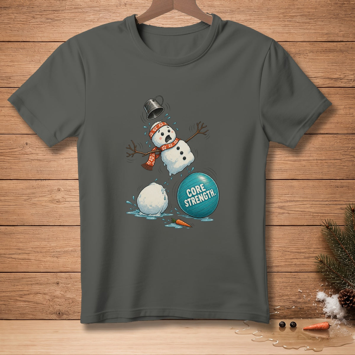 Snowman struggling with a "CORE STRENGTH" exercise ball, melting with a carrot.