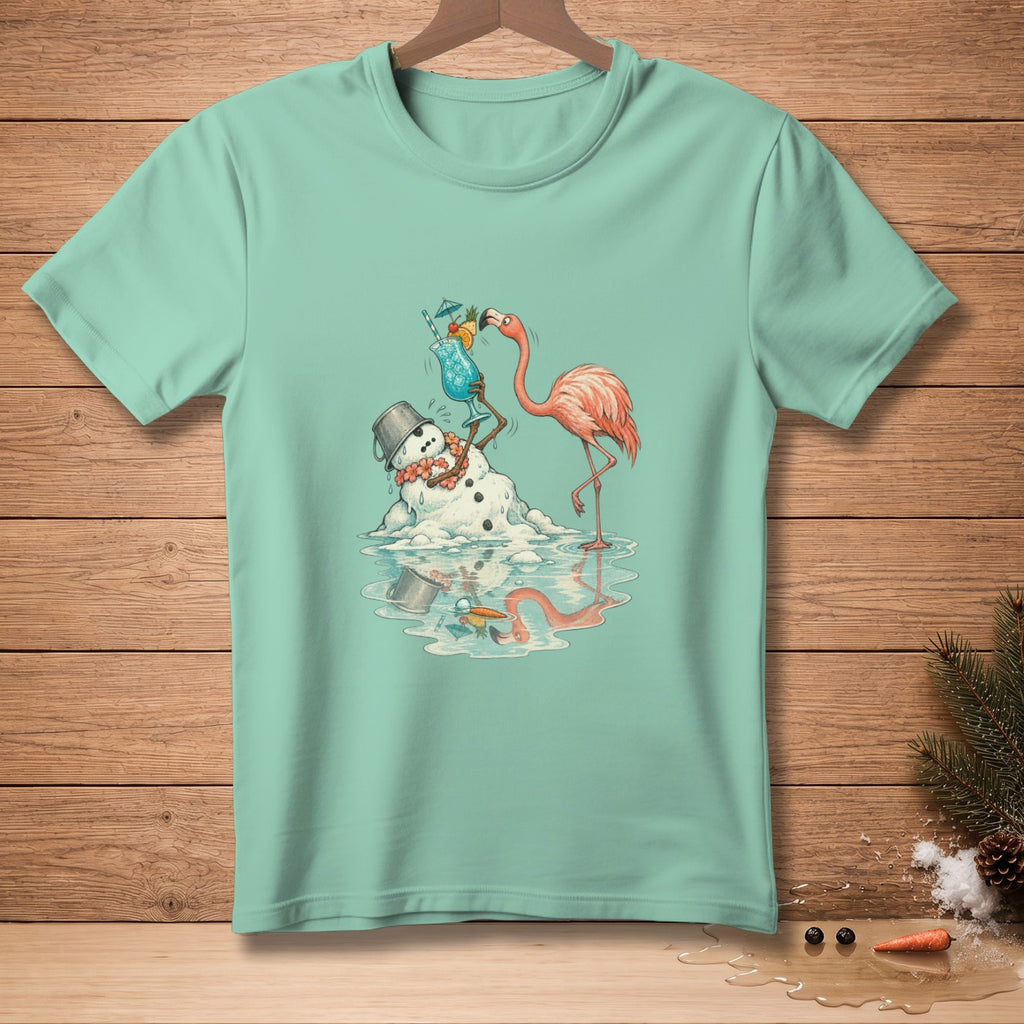 Flamingo and melting snowman with tropical drinks, wearing lei and bucket hat.