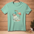 Flamingo and melting snowman with tropical drinks, wearing lei and bucket hat.