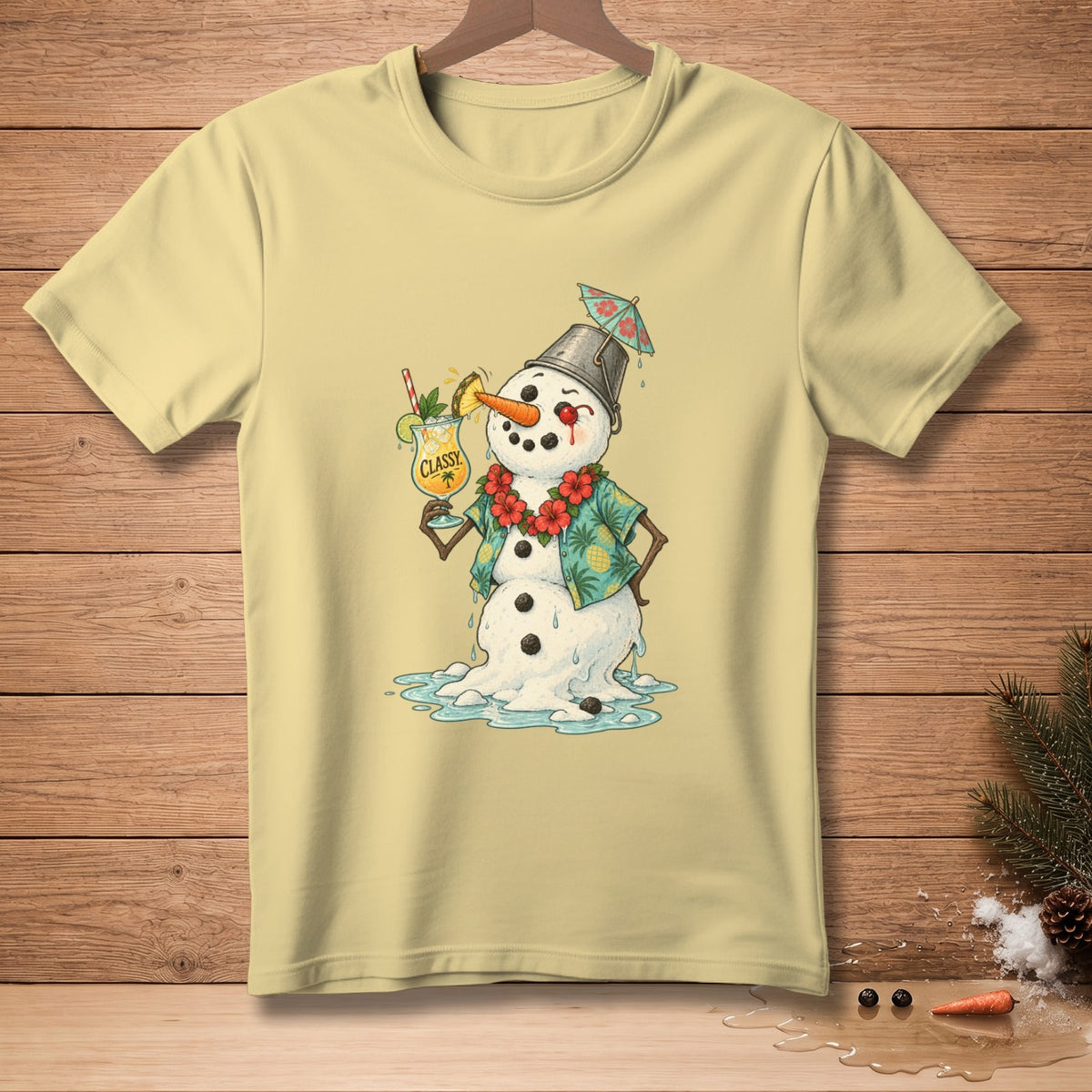Melting snowman in Hawaiian shirt holds a cocktail with "Classy" text.