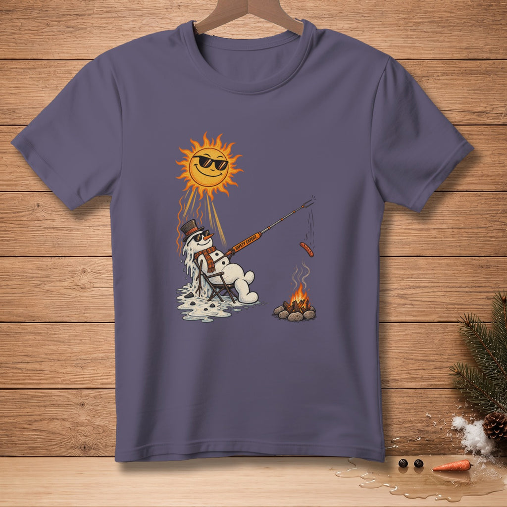 Melting snowman grilling a sausage over a campfire, wearing sunglasses and a hat.