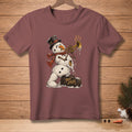 Snowman in top hat and scarf plays trumpet, with "Hot Jazz" case.