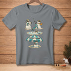 T-shirt graphic: melting snowmen on beach under umbrella, text "PERFECT TIMING."