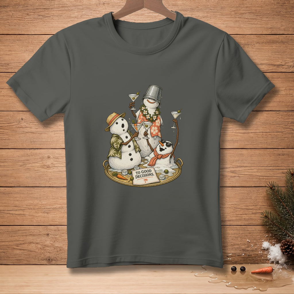 Snowmen wearing Hawaiian shirts and sunglasses hold martini glasses, with text "TO GOOD DECISIONS."