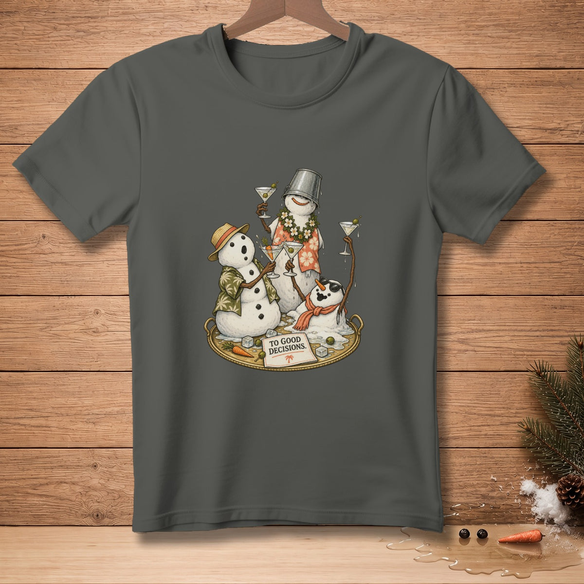 Snowmen wearing Hawaiian shirts and sunglasses hold martini glasses, with text "TO GOOD DECISIONS."