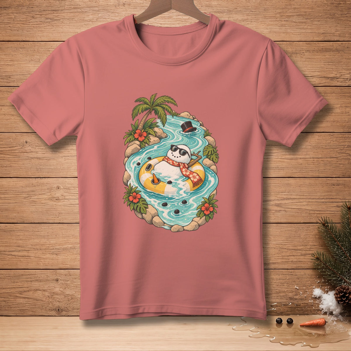 Snowman in sunglasses and scarf floating in a tube down a river.