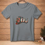 Gray t-shirt with a Christmas train graphic featuring snowmen and text "ALL ABOARD".