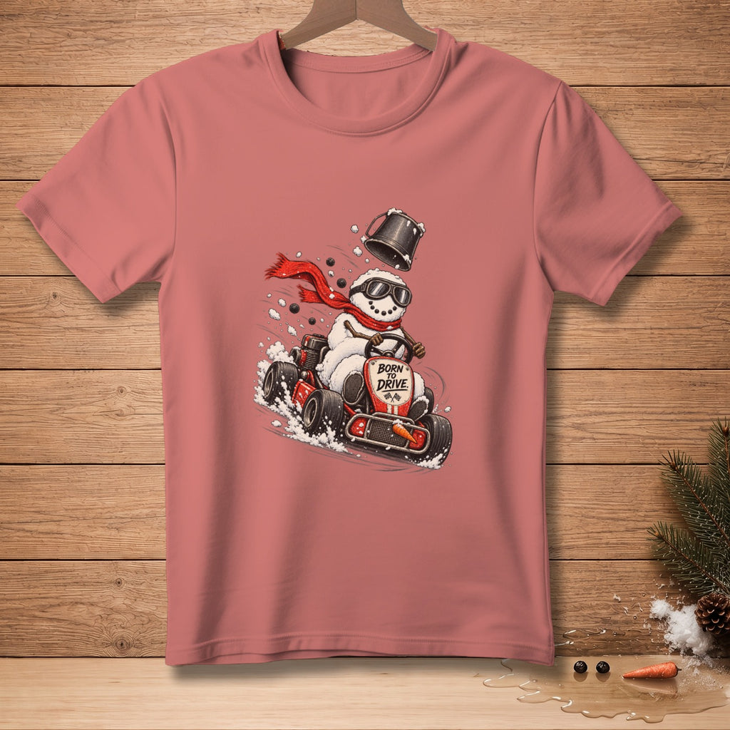 Snowman in sunglasses and red scarf driving a go-kart, text reads "Born to Drive".