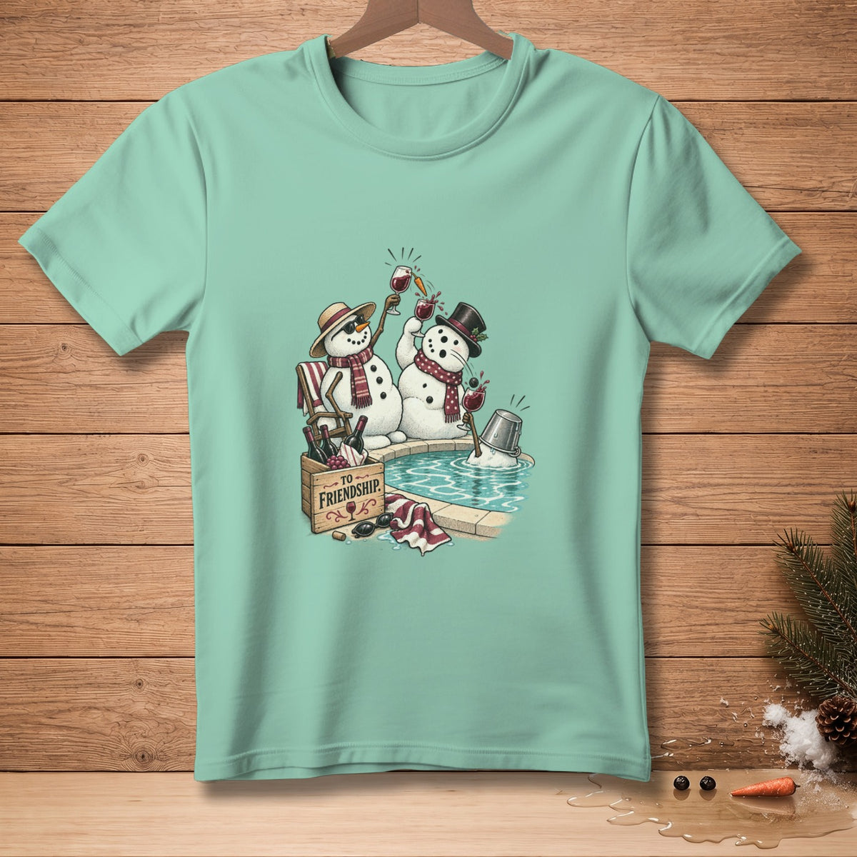 Two snowmen in a hot tub toasting glasses of wine with a crate of wine nearby.