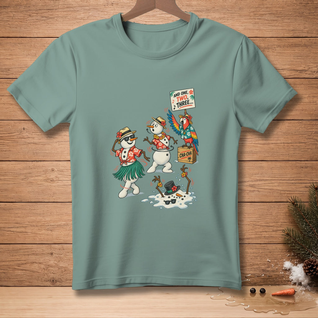 Cartoon snowmen dancing and melting with a parrot on a tropical-themed t-shirt.