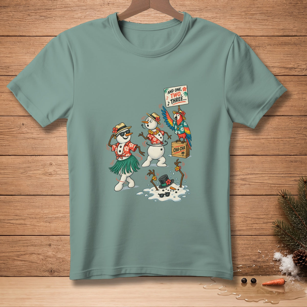 Cartoon snowmen dancing and melting with a parrot on a tropical-themed t-shirt.