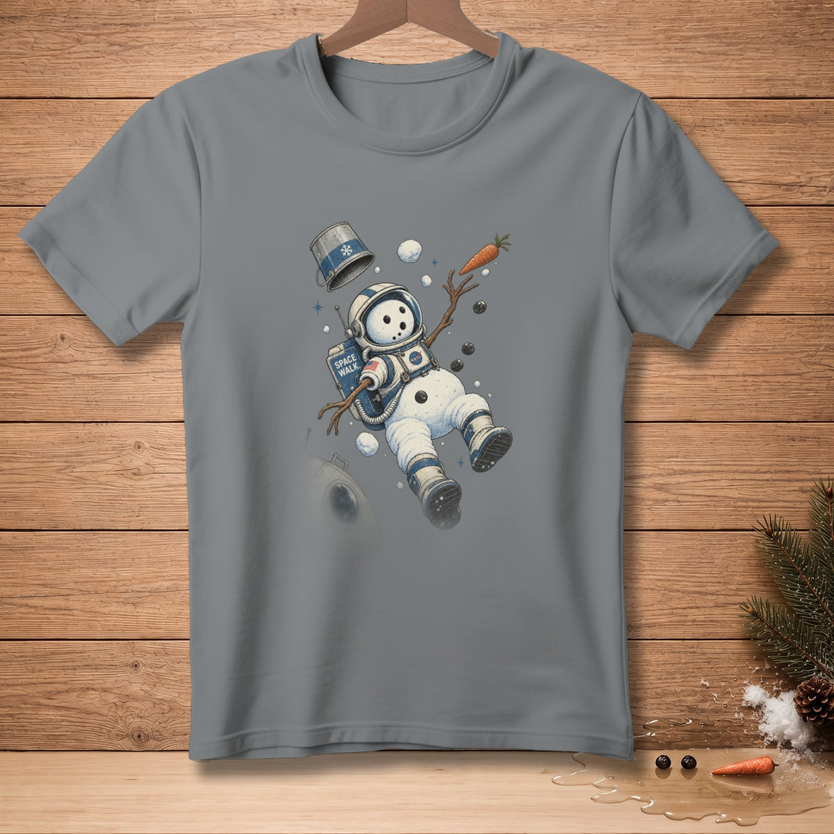 Grey t-shirt with a snowman astronaut in space, featuring the text "SPACE WALK".