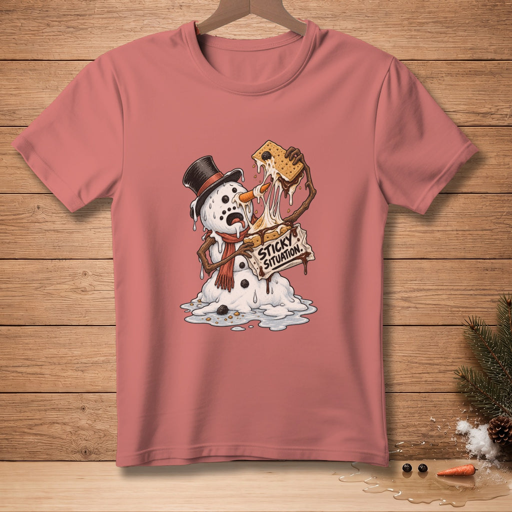 Snowman in top hat eating s'more, text reads "STICKY SITUATION."