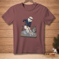 Melting snowman in sailor outfit mops a wet deck; bucket reads "Almost Dry."