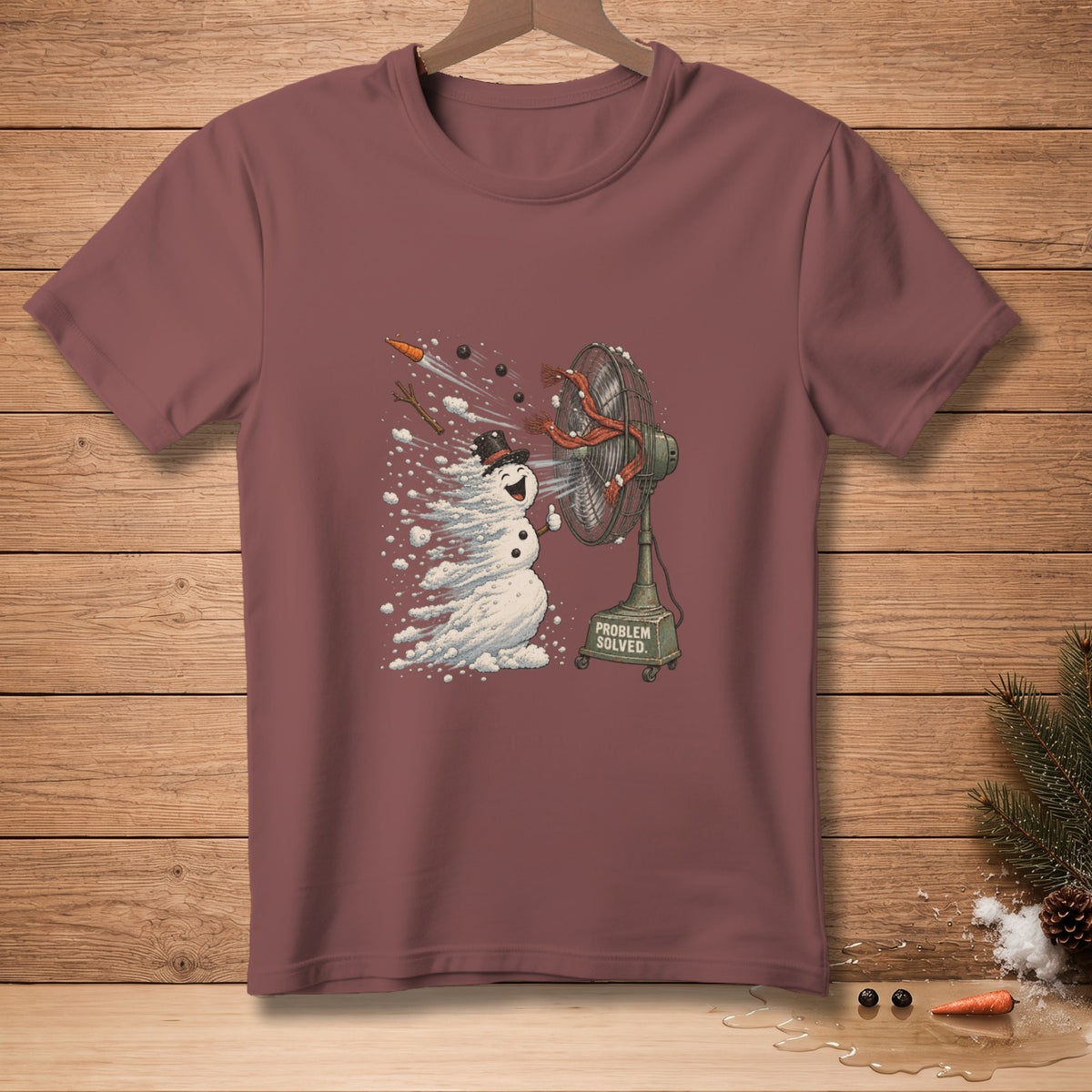 Snowman blowing apart in front of a fan that reads "PROBLEM SOLVED".