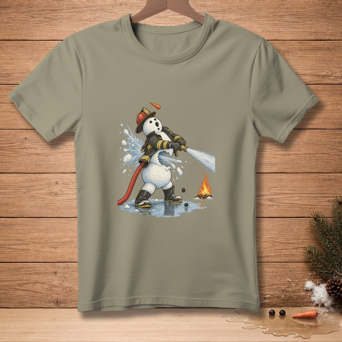 Snowman firefighter spraying water on a small campfire.
