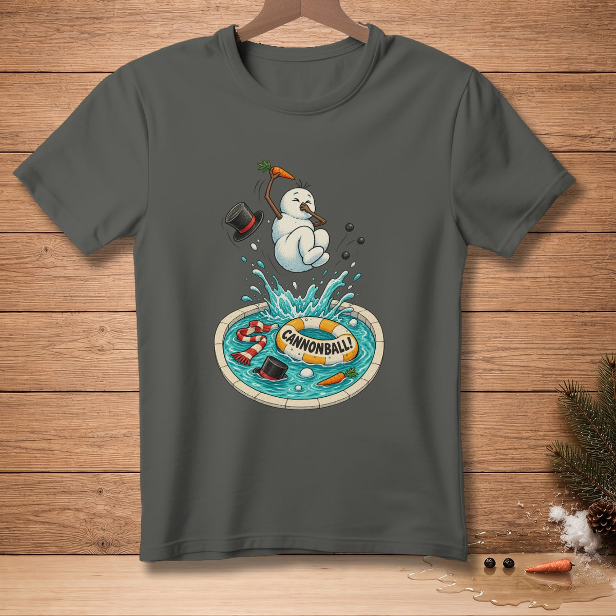 Snowman cannonballing into pool with scarf, top hat, carrots, and life preserver.