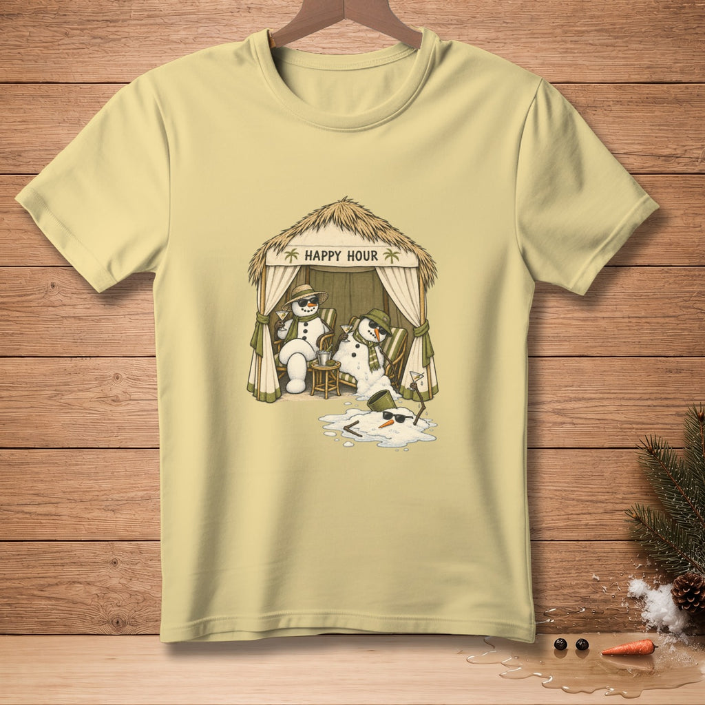 T-shirt with melting snowmen in a beach hut with "Happy Hour" text.