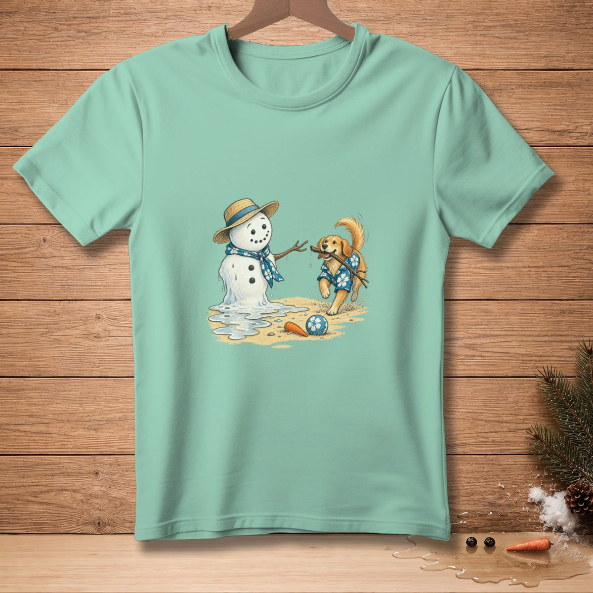 Golden retriever dog playing with melting snowman on a beach.