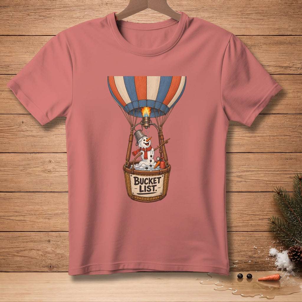 Snowman in hot air balloon basket with "Bucket List" text.