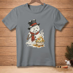 Melting snowman with a fork eating mashed potatoes in a bowl.