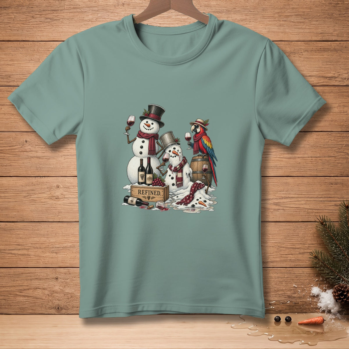 Snowmen and parrot drinking wine with a barrel and "Refined." text.