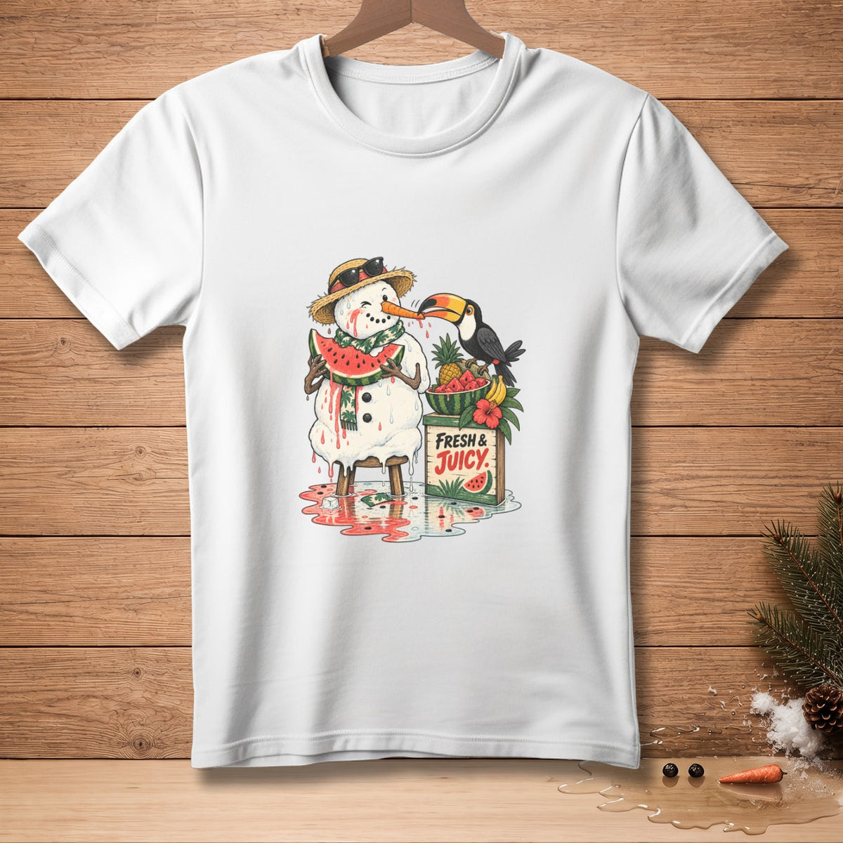 Snowman in sunglasses and straw hat holding watermelon slice, toucan near fruit box.