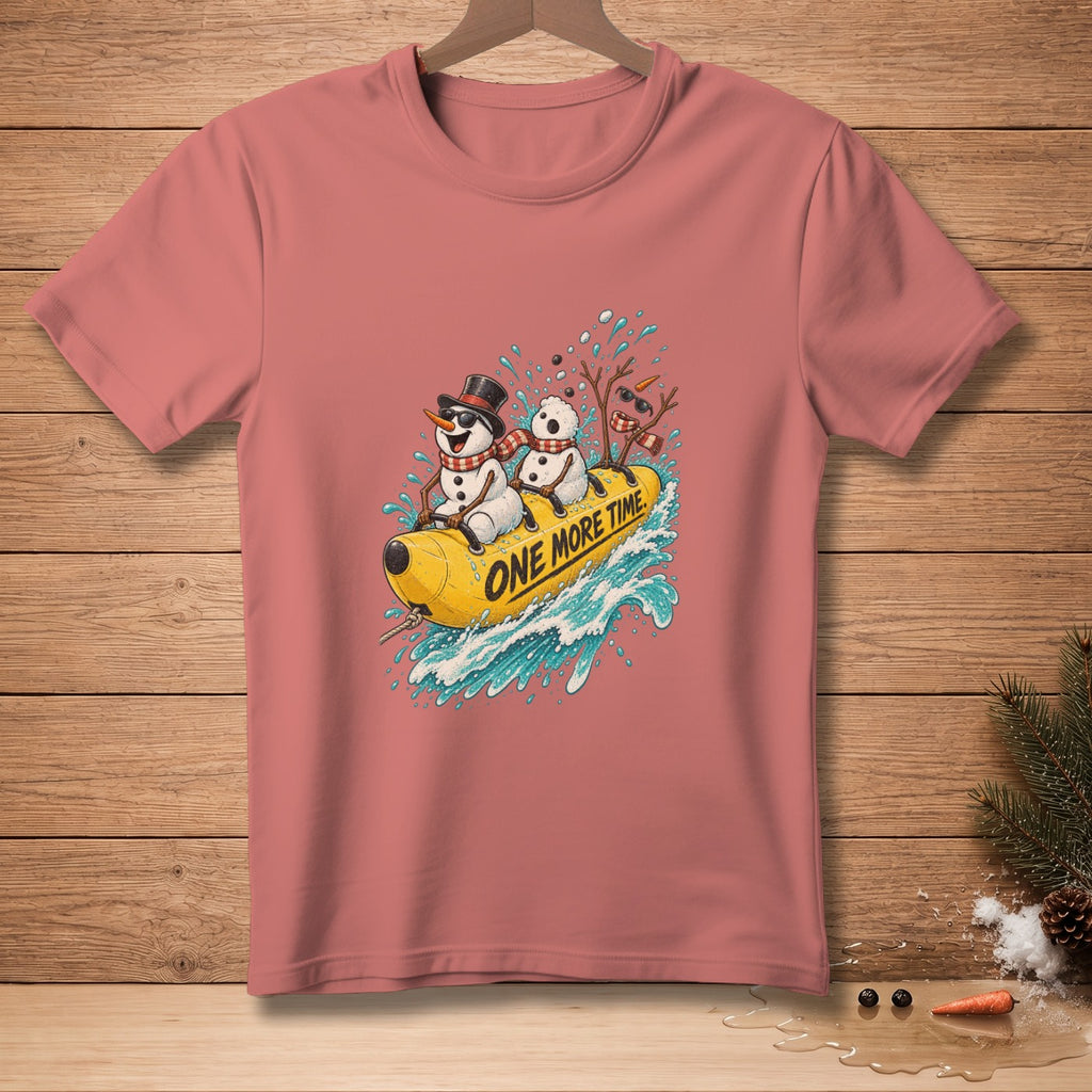 Snowmen on a banana boat with "ONE MORE TIME" text, splashing water.