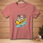 Snowmen on a banana boat with "ONE MORE TIME" text, splashing water.