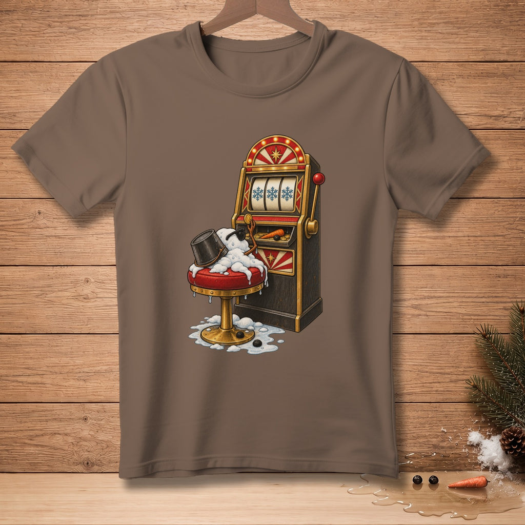 Melting snowman on a slot machine stool with snowflakes and carrots.