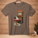 Melting snowman on a slot machine stool with snowflakes and carrots.