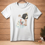 Ostrich with melting snowman and carrot nose on a white t-shirt.