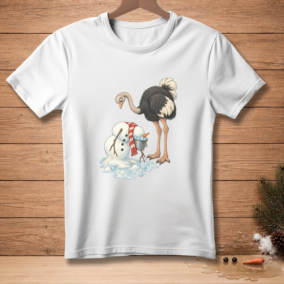 Ostrich with melting snowman and carrot nose on a white t-shirt.