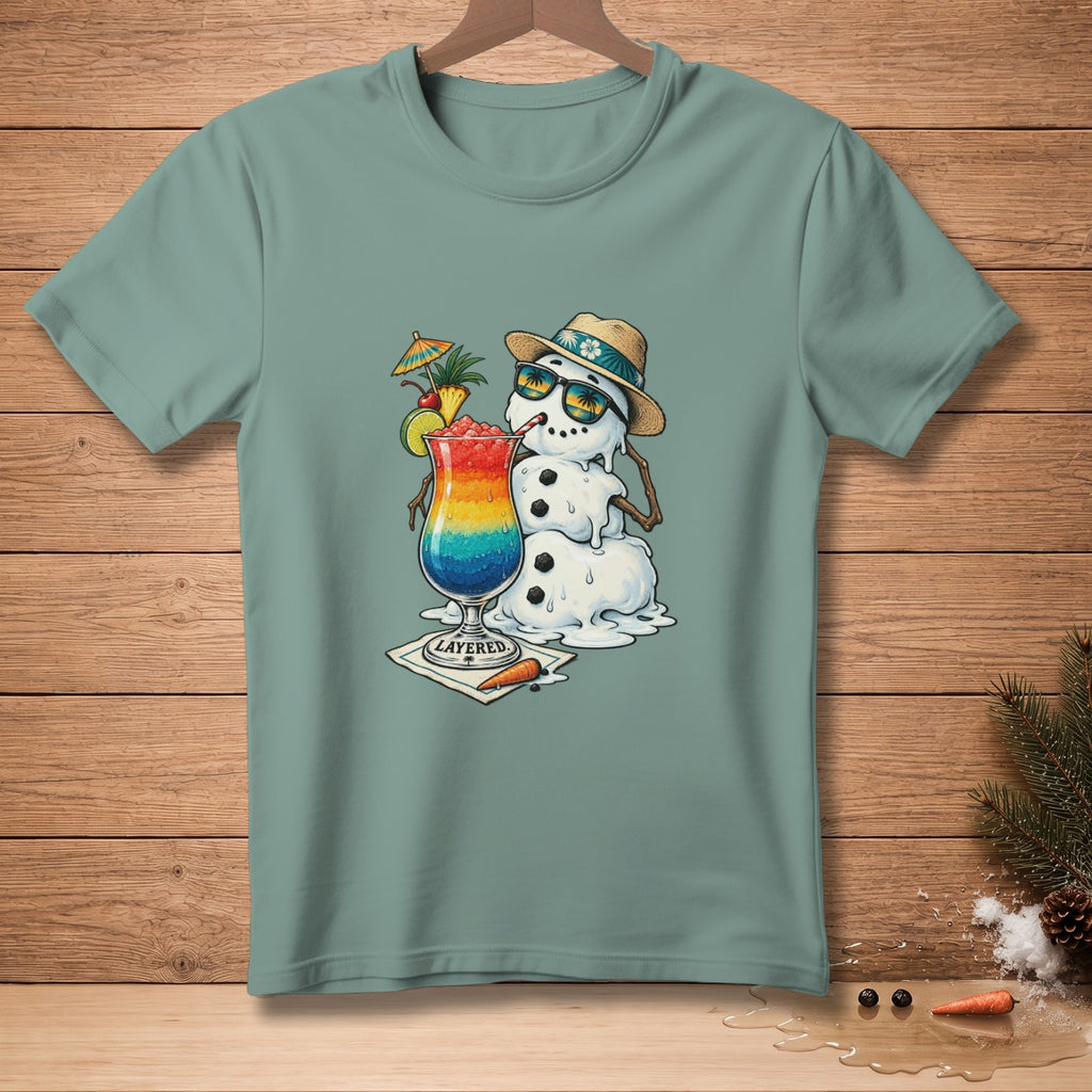 Melting snowman in sunglasses holding a rainbow layered cocktail with "LAYERED" text.