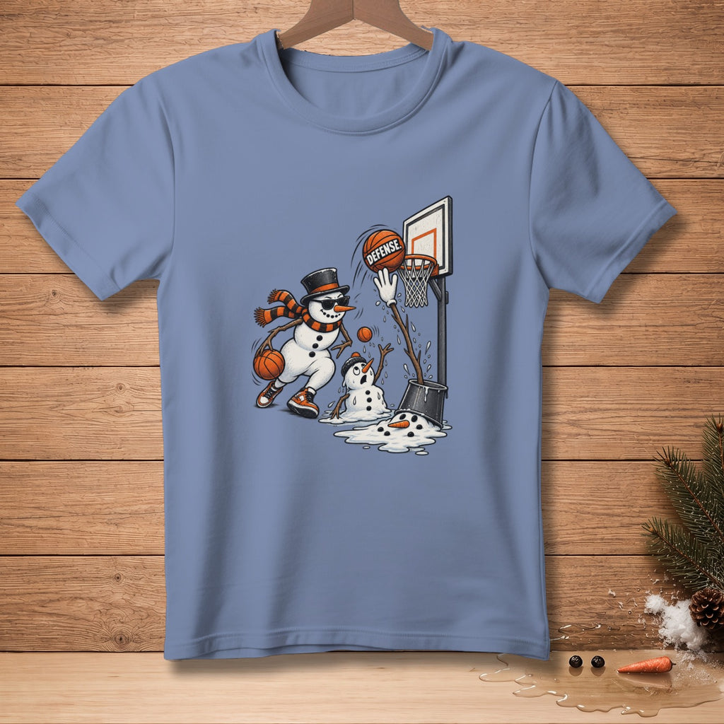 Snowmen playing basketball, one attempts a slam dunk while another melts.