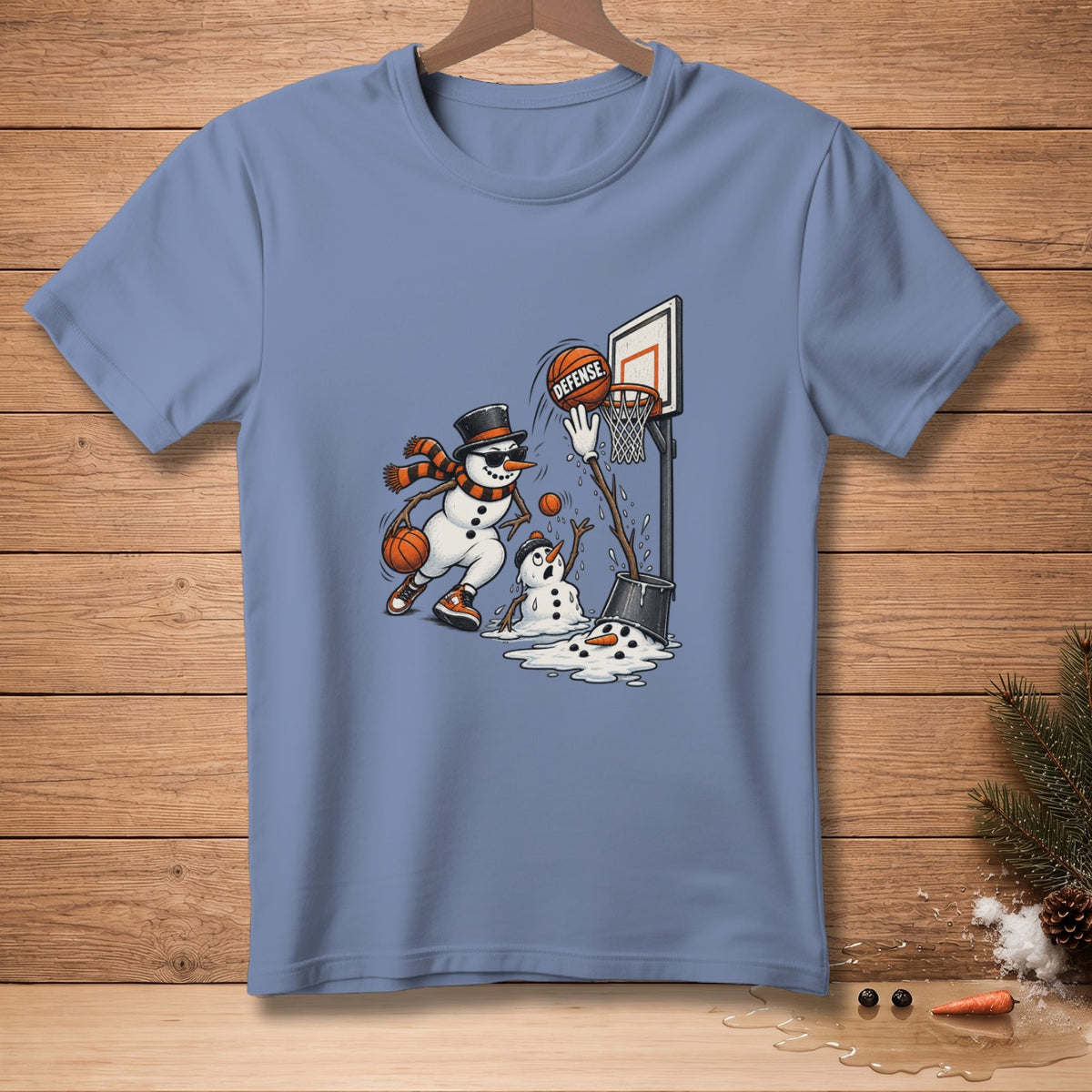 Snowmen playing basketball, one attempts a slam dunk while another melts.