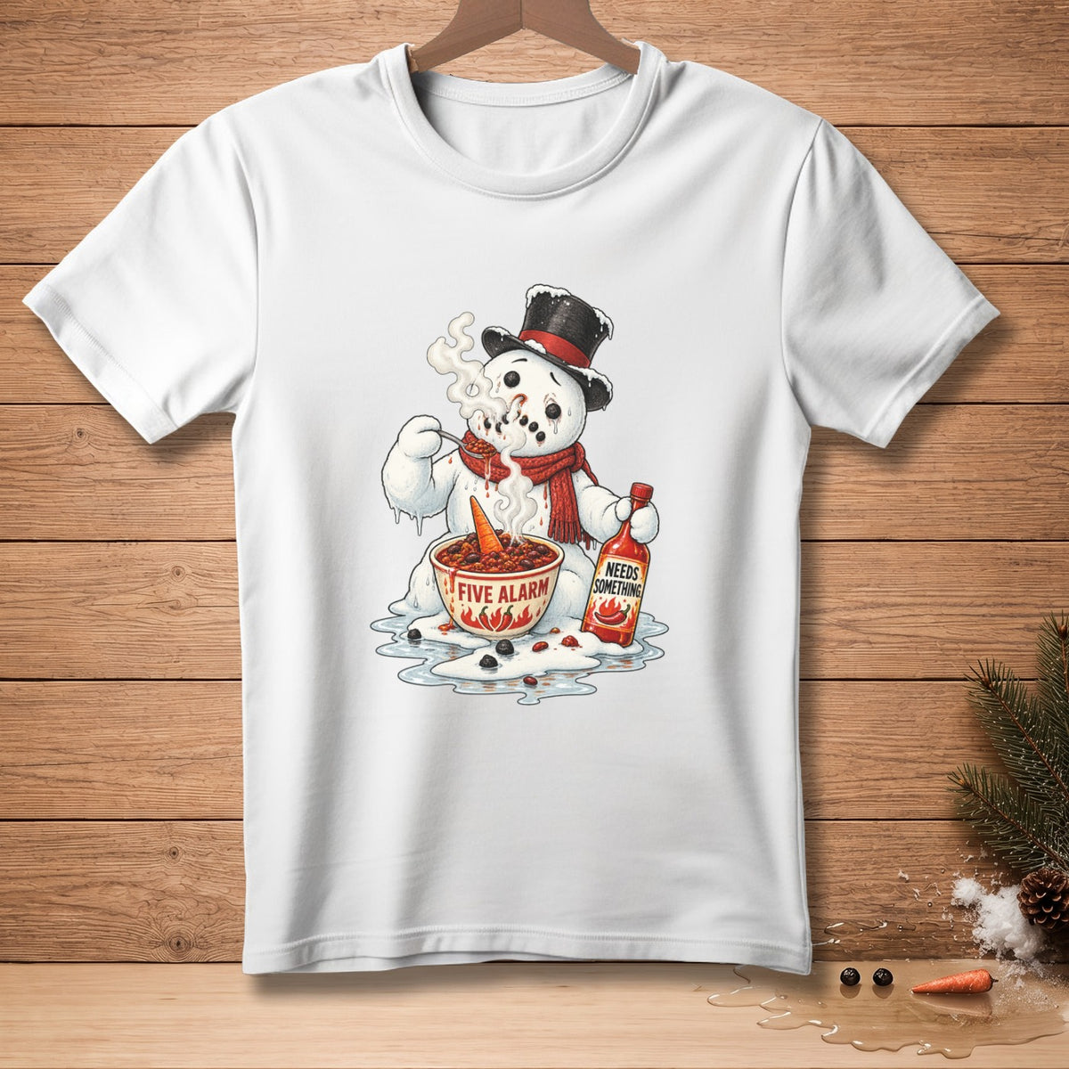 Snowman eating spicy beans with a bottle of hot sauce labeled "Needs Something."