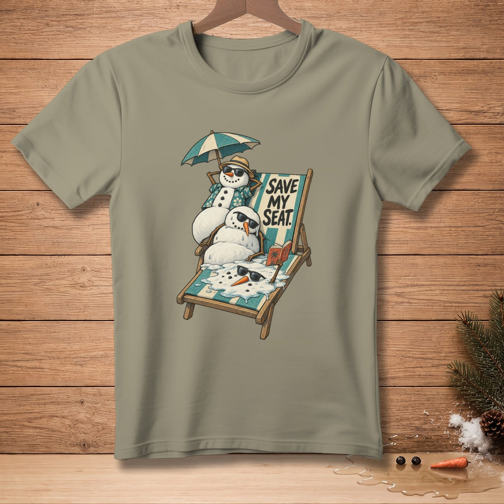 T-shirt with melting snowmen on beach chair, umbrella, and text SAVE MY SEAT.