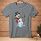 Melting snowman with carrot nose aiming a bow and arrow.