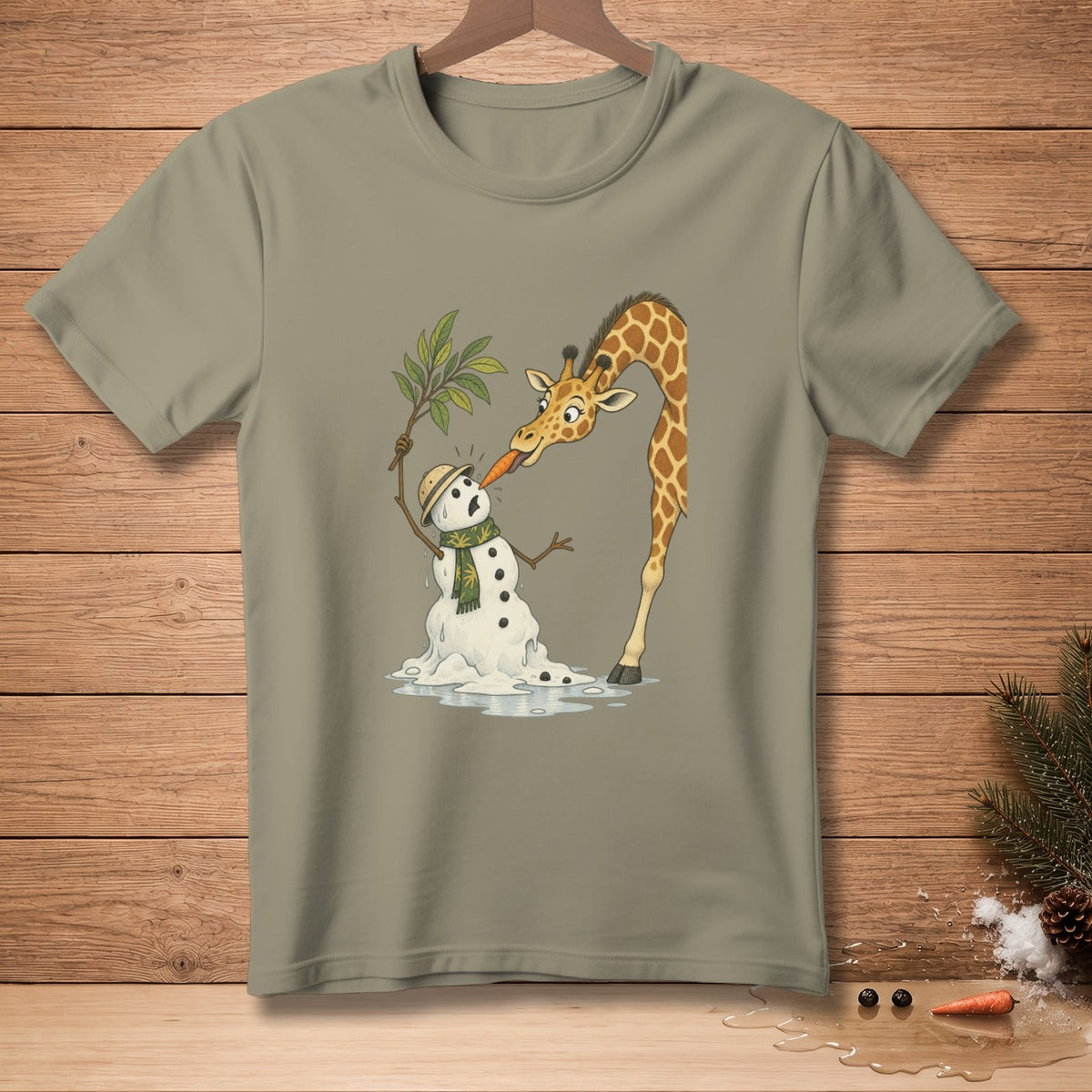 Giraffe licking carrot nose off melting snowman wearing a hat and scarf.