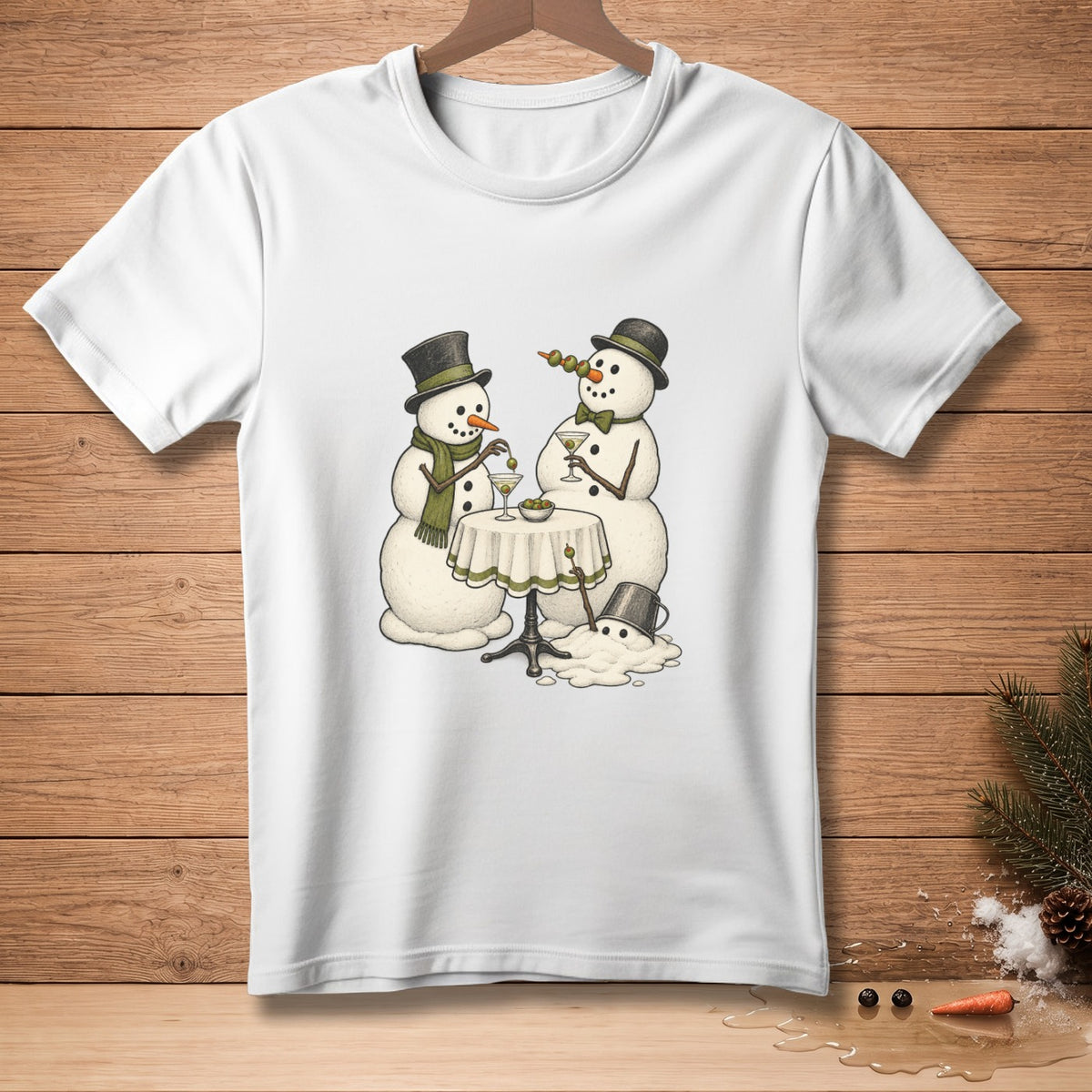 Two snowmen enjoy martinis at a table with a melting snowman in a bucket.