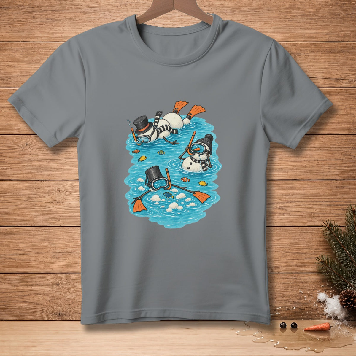 Three snowmen wearing snorkels and flippers swim with small fish.