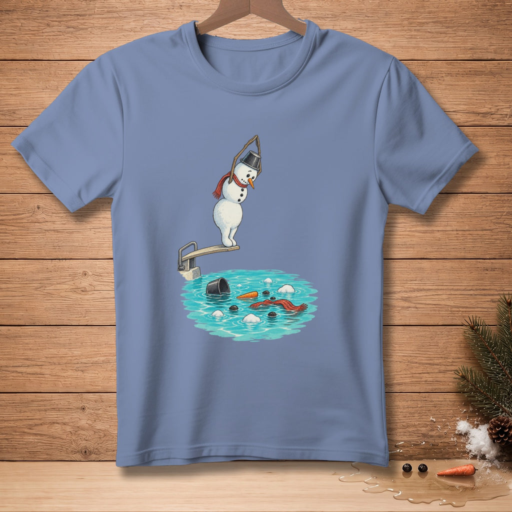 Snowman on diving board over pool with scattered snowman parts and bucket.