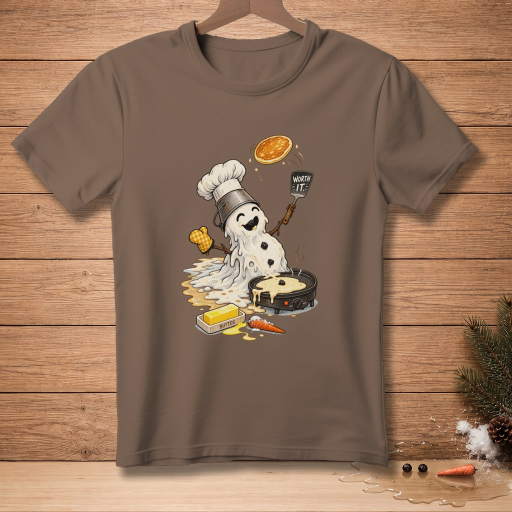 Melting snowman chef flips pancake with spatula saying "Worth It."