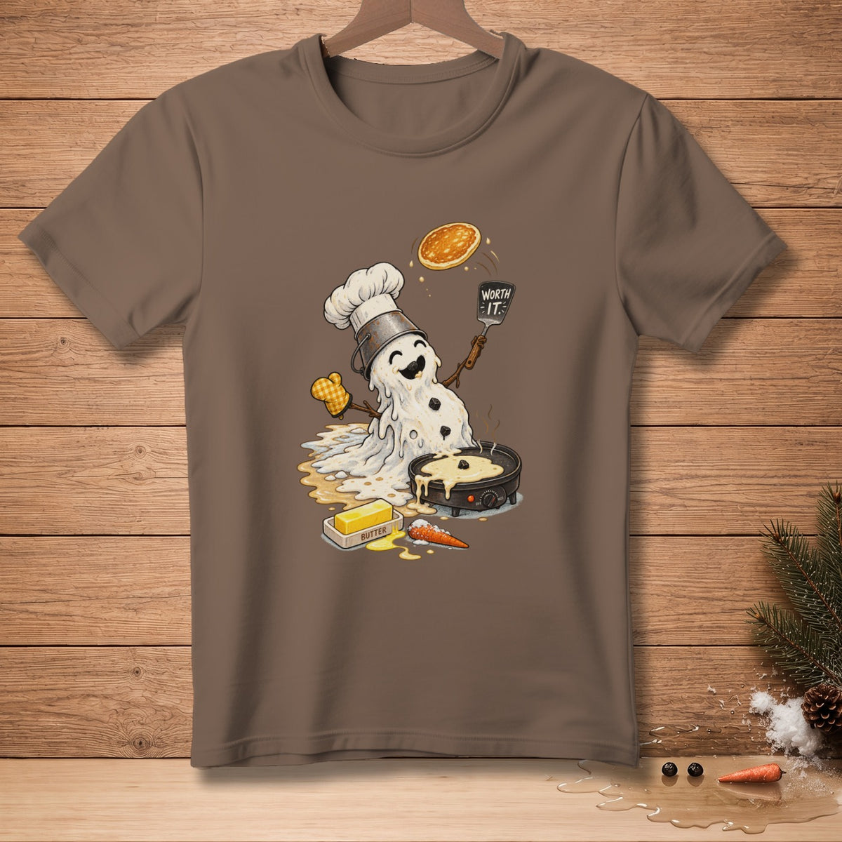 Melting snowman chef flips pancake with spatula saying "Worth It."