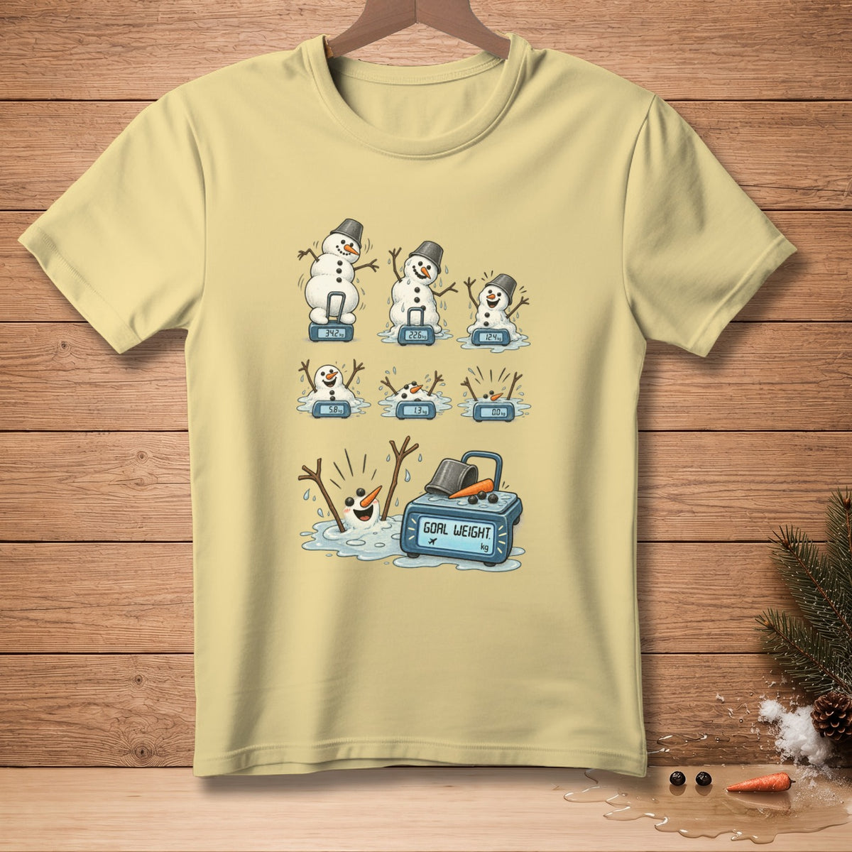 Cartoon snowmen melting on scales with a goal weight indicator.