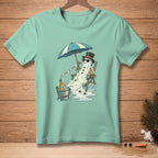 Melting snowman in a deck chair under an umbrella, drinking beer, text "THOUGHT THIS THROUGH".