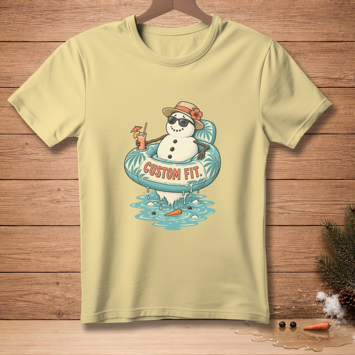 Snowman in a float with "CUSTOM FIT" text, wearing sunglasses and a hat.