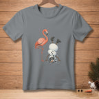Grey t-shirt with a flamingo standing next to an upside-down snowman.